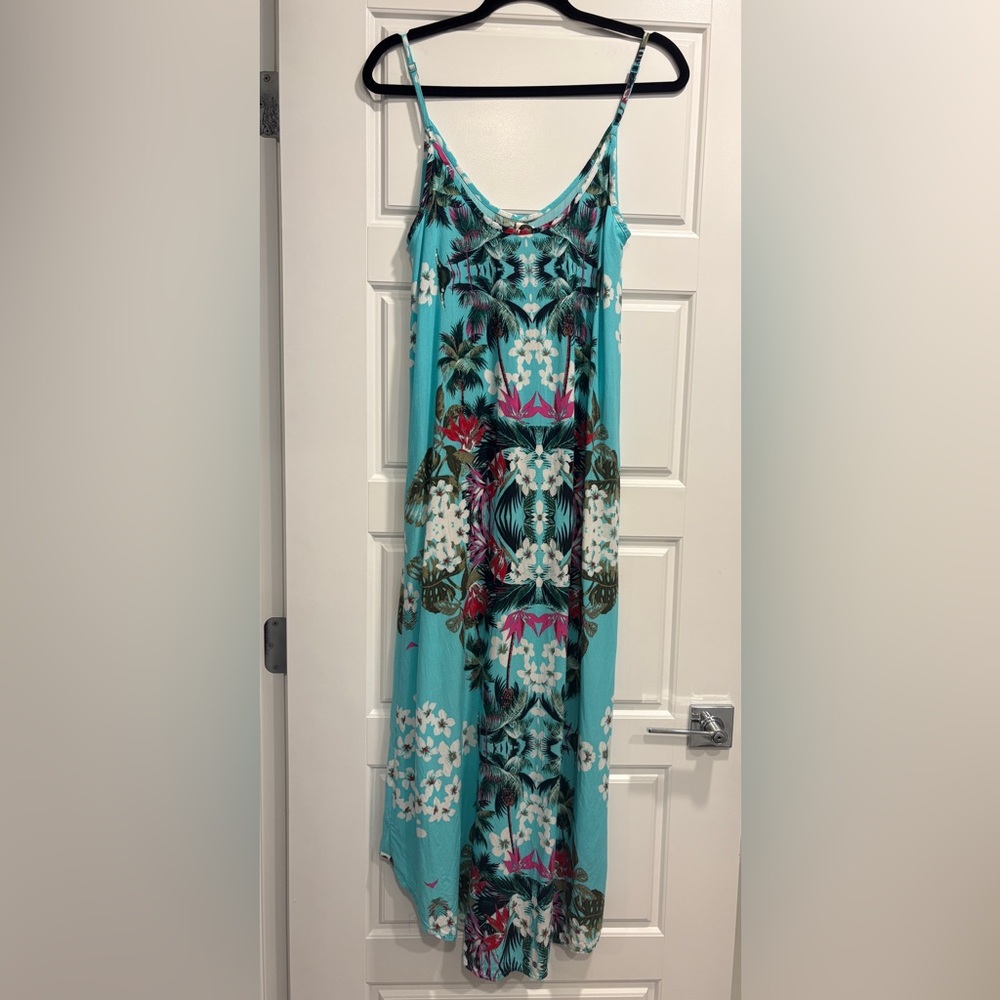 Roxy Floral Strappy Long Dress Size 12 Hawaiian Tropical Beach Vacation Poolside - Picture 2 of 13